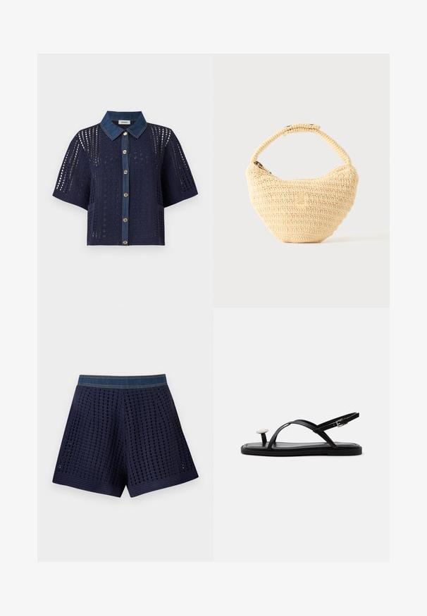 Cardigan en crochet bleu marine à manches courtes avec col en denim et boutonnage devant, présentant des motifs ajourés floraux et géométriques.; Shorts en crochet bleu marine avec une ceinture en jean et un motif à grille ouverte, disposés à plat sur un fond blanc.; Sandale plate noire avec fines brides croisées, boucle à la cheville et une grande décoration ronde blanche de style perle sur la lanière entre les orteils.; Sac à main beige tissé avec corps arrondi, fermeture éclair et une sangle courte et épaisse dans un style crochet simple et texturé.