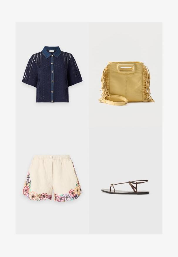 Cardigan en crochet bleu marine à manches courtes avec col en denim et boutonnage devant, présentant des motifs ajourés floraux et géométriques.; Shorts crème avec ceinture élastique, fermeture par bouton, et motifs floraux brodés multicolores le long de l'ourlet et des côtés.; Sandale en cuir marron avec des fines lanières, un accent circulaire doré et une semelle plate. Design minimaliste avec un détail de boucle réglable.; Sac à main en cuir jaune avec détails à franges sur les côtés, poignée découpée rectangulaire et bandoulière amovible placée à l'avant.