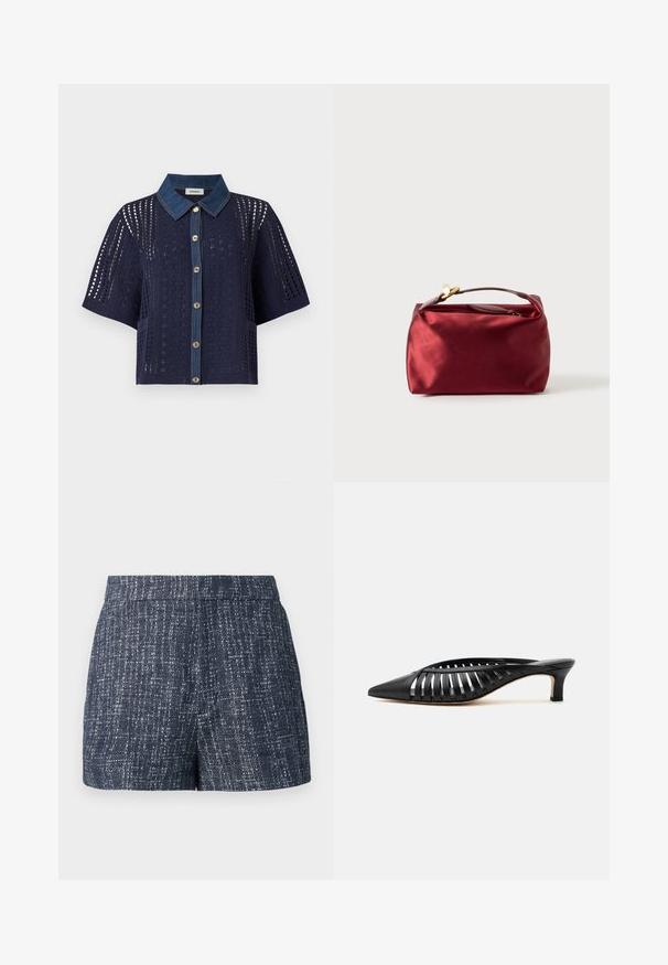 Cardigan en crochet bleu marine à manches courtes avec col en denim et boutonnage devant, présentant des motifs ajourés floraux et géométriques.; Shorts bleu marine en tissu texturé, dotés d'un motif subtil et d'une taille plate. Design minimaliste sans poches.; Mule en cuir noir avec bout pointu, design découpé à brides et petit talon kitten sur fond blanc.; Trousse de maquillage en satin bourgogne de forme rectangulaire, avec fermeture éclair et une poignée courte. Présente un design minimaliste et une texture lisse.