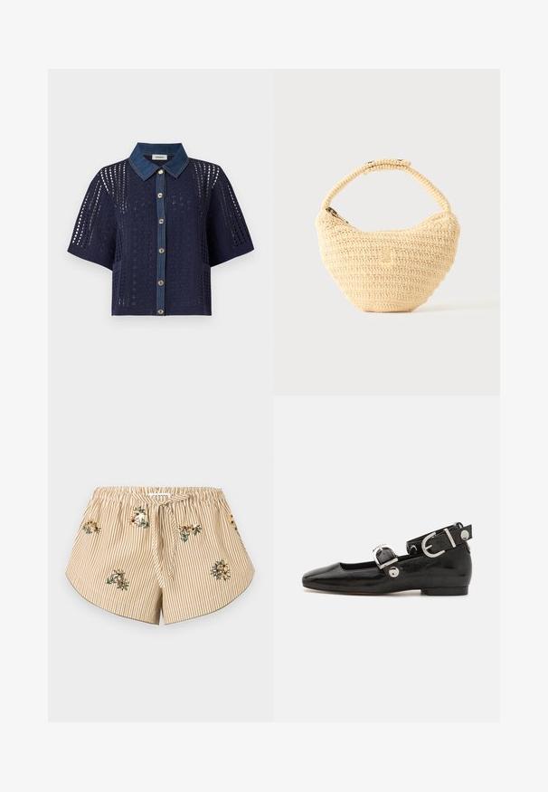 Cardigan en crochet bleu marine à manches courtes avec col en denim et boutonnage devant, présentant des motifs ajourés floraux et géométriques.; Shorts rayés beige et blanc avec une ceinture élastique, un lien à l'avant, un ourlet incurvé et de petites broderies florales dispersées sur le tissu.; Ballerine en cuir verni noir avec un bout carré, sangle de cheville avec des détails en métal argenté et semelle plate. Texture lisse avec un design minimaliste.; Sac à main beige tissé avec corps arrondi, fermeture éclair et une sangle courte et épaisse dans un style crochet simple et texturé.