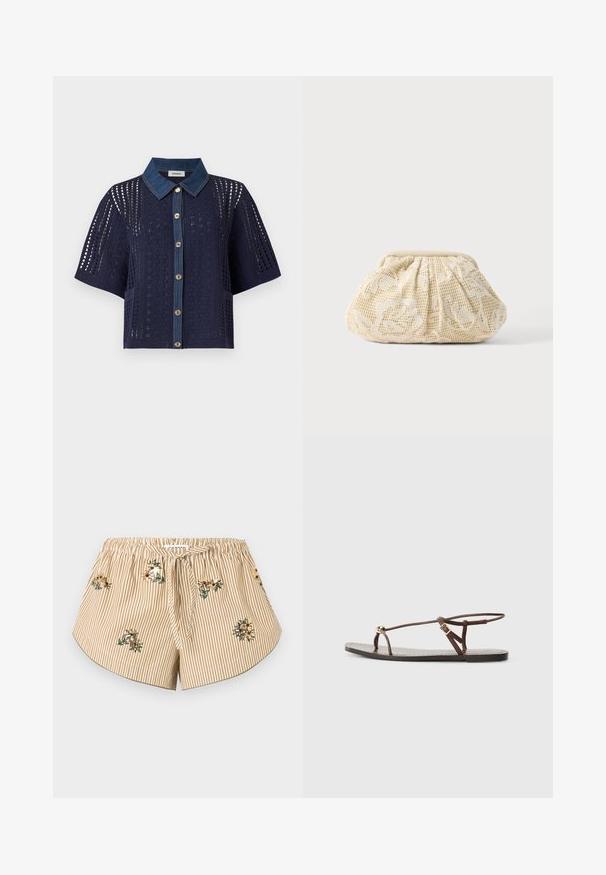 Cardigan en crochet bleu marine à manches courtes avec col en denim et boutonnage devant, présentant des motifs ajourés floraux et géométriques.; Shorts rayés beige et blanc avec une ceinture élastique, un lien à l'avant, un ourlet incurvé et de petites broderies florales dispersées sur le tissu.; Sandale en cuir marron avec des fines lanières, un accent circulaire doré et une semelle plate. Design minimaliste avec un détail de boucle réglable.; Pochette en tissu couleur crème avec superposition de dentelle florale et fermeture supérieure froncée sur fond clair uni.