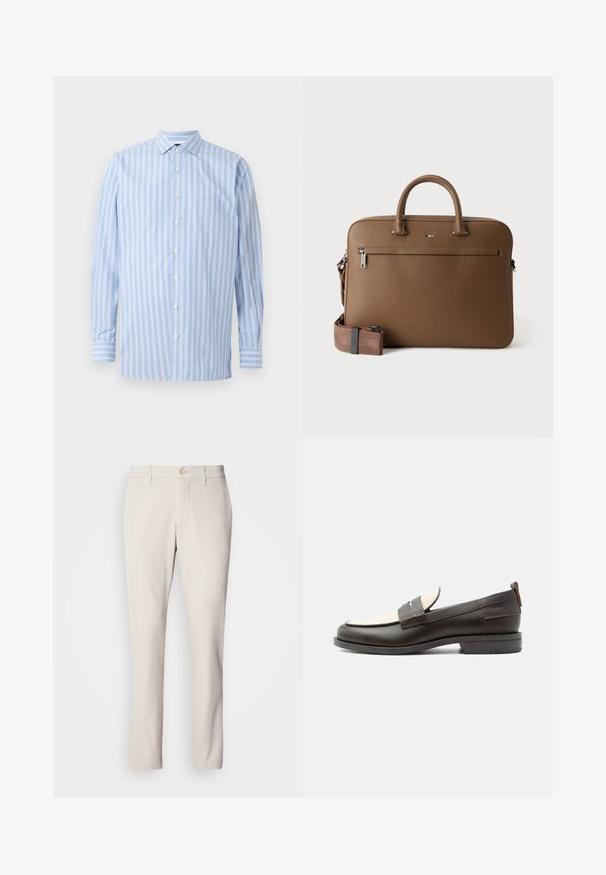 Lichtblauw overhemd met lange mouwen, voorzien van verticale witte en lichtblauwe strepen, met knoopsluiting, kraag en een klein geborduurd logo op de borst.; Beige broek met een slim fit, voorzien van een sluiting met een voorste knoop, een vlakke voorkant en een rechte pijp, gemaakt van een gladde katoenmix.; Donkerbruine leren herenloafer met crèmekleurig stoffen paneel en klassiek doorgestikt riemdetail, platte zool en trekhaak bij de hak.; Bruine leren aktetas met bovenhandvatten, voorvak met ritssluiting en afneembare bijpassende schouderriem op witte achtergrond.