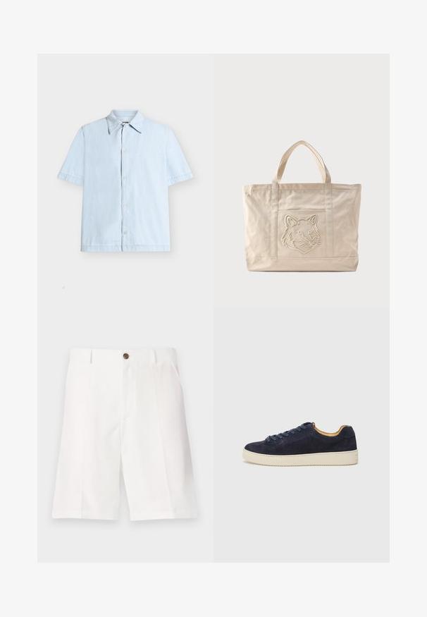 Chemise bleu clair à manches courtes, boutonnée, avec un col classique, présentée sur fond blanc.; Shorts bermuda blancs en tissu léger avec une coupe décontractée, dotés d'un unique bouton marron et de poches avant.; Baskets basses en suede bleu marine avec bout arrondi, semelle en caoutchouc blanc cassé et lacets assortis ; dotées d'une doublure intérieure contrastante couleur tan.; Sac fourre-tout en toile beige avec doubles anses et un motif en relief de tête de loup sur la poche avant.