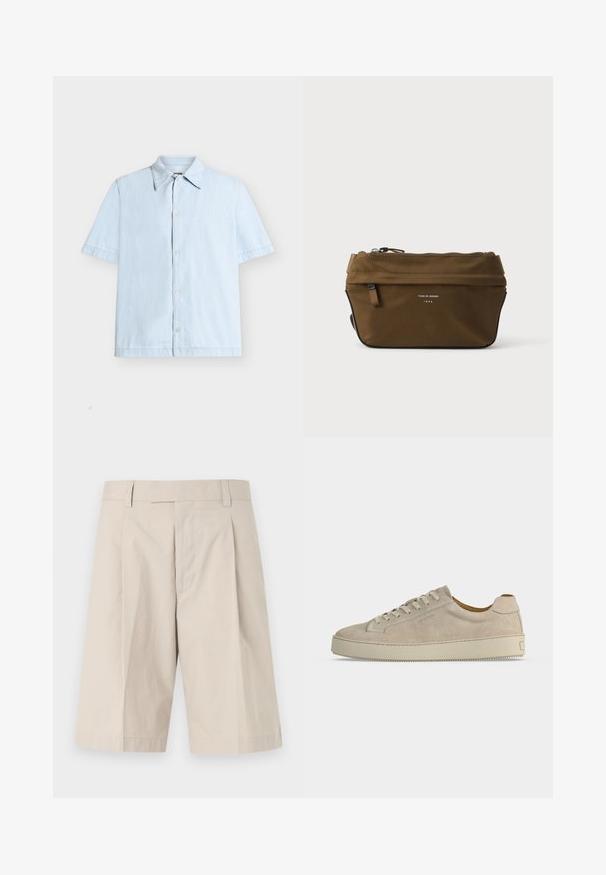 Chemise bleu clair à manches courtes, boutonnée, avec un col classique, présentée sur fond blanc.; Shorts beige arrivant aux genoux avec passants pour ceinture, braguette zippée à l'avant et un pli sur chaque jambe.; Baskets basses beiges en daim avec fermeture lacée et semelle épaisse en caoutchouc, vues de profil sur fond blanc uni.; Trousse rectangulaire marron à fermeture éclair, avec petite poche avant et texte "Tiger of Sweden 1903" sur le devant.