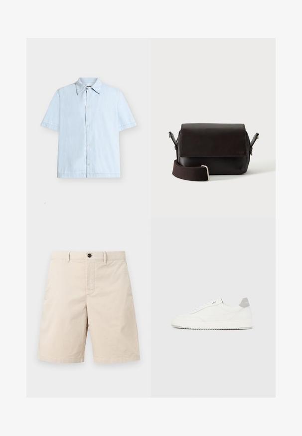 Chemise bleu clair à manches courtes, boutonnée, avec un col classique, présentée sur fond blanc.; Shorts en coton beige avec passants pour ceinture, bouton frontal et fermeture éclair, présentés sur un fond clair uni.; Baskets basses blanches avec un onglet de talon gris, des lacets blancs et une semelle texturée, présentées sur un fond uni clair.; Sac bandoulière en cuir marron foncé avec fermeture à rabat et sangle en tissu réglable sur fond blanc.