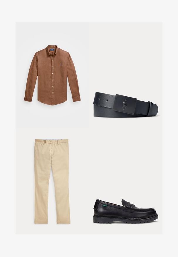 Braunes Langarm-Hemd mit Knöpfen aus Leinen, mit einem klassischen Kragen, Frontknöpfen und einem kleinen blauen Logo auf der Brust.; Beige gerade Hose mit Gürtelschlaufen und einem vorderen Reißverschluss, flach auf weißem Hintergrund gelegt.; Schwarzer Lederloafer mit dicker Profilsohle und kleinem grünen "Polo"-Etikett an der Außenseite nahe der Ferse.; Schwarzer Ledergürtel mit einer schwarzen, rechteckigen Schnalle mit eingeprägtem Polo-Spieler-Logo.