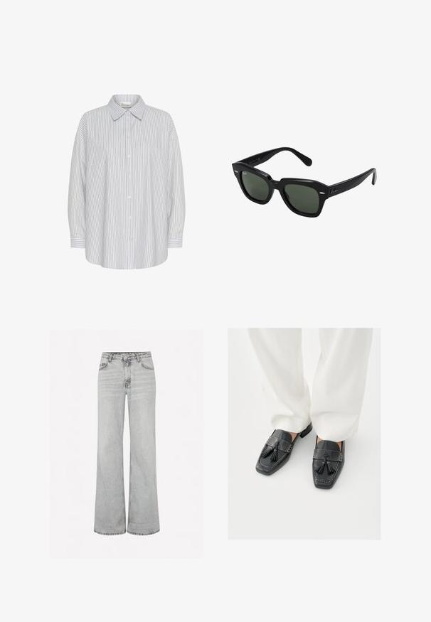 Chemise blanche à boutons avec de fines rayures verticales bleu marine, manches longues et col pointu. Présente une coupe décontractée et aucun motif visible.; Jean large en denim gris clair, avec une taille haute, un design classique à cinq poches, et une légère décoloration sur l'ensemble pour ajouter de la texture.; Mocassins en cuir noir avec pampilles, présentant des bouts carrés et des coutures décoratives, assortis à un pantalon blanc à jambes larges.; Lunettes de soleil carrées noires avec des verres vert foncé, présentant des montures audacieuses et des accents argentés sur les côtés. Fabriquées en Italie.