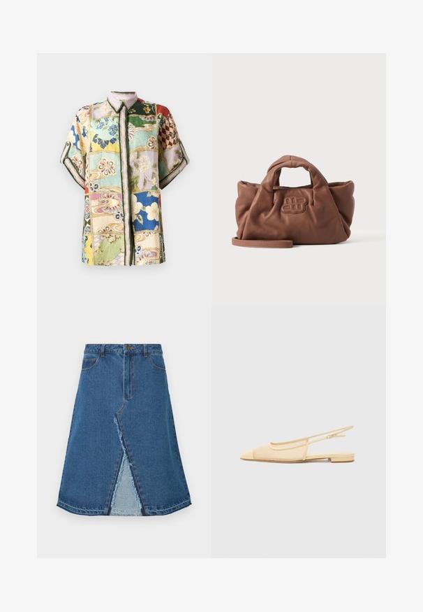 Chemise à boutons à manches courtes avec un design en patchwork comprenant plusieurs couleurs, des motifs floraux et géométriques, et un col.; Jupe en denim bleu avec une forme évasée, présentant une fente à l'avant et un ourlet effiloché. Design classique à cinq poches et fermeture à bouton métal.; Chaussure plate slingback en beige clair avec une tige en maille, un bout pointu et un petit talon. Dotée d'une sangle ajustable pour un bon maintien.; Sac à main en cuir marron doux avec des poignées courtes, un logo brodé à l'avant et une longue bandoulière amovible sur un fond clair uni.