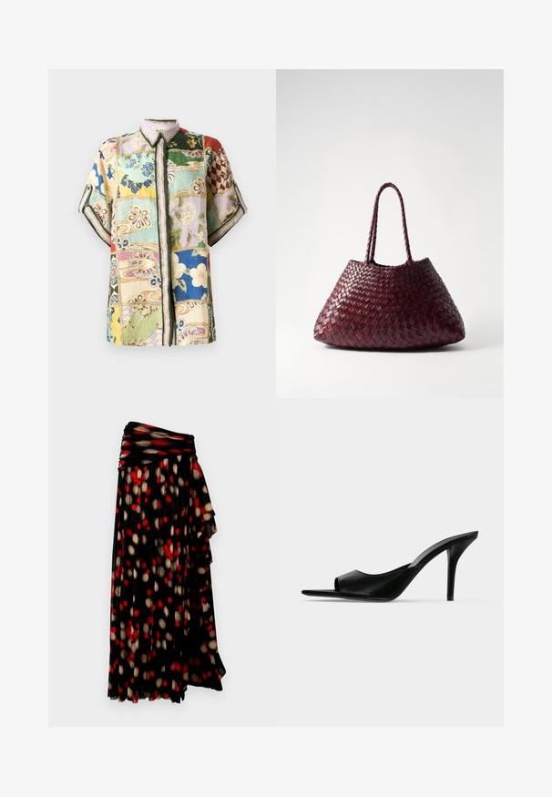 Chemise à boutons à manches courtes avec un design en patchwork comprenant plusieurs couleurs, des motifs floraux et géométriques, et un col.; Jupe plissée noire avec taille froncée, présentant un motif de points rouges et dorés sur fond noir. Tissu doux et fluide.; Mule à talon haut en cuir noir à bout ouvert avec un talon stiletto fin, vue de profil sur un fond uni.; DRAGON DIFFUSION SANTA CROCE BIG - Sac à main - bordo