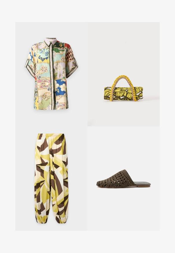Korte mouwen overhemd met knopen, voorzien van een patchworkontwerp met meerdere kleuren, bloemen- en geometrische patronen, en een kraag.; Loszittende broek met elastische taille en boorden, met een abstract patroon in tinten geel, bruin, beige en wit.; Bruine geweven instap mule met een platte zool en gesloten afgeronde neus op een witte achtergrond.; Rechthoekige tas met geel-zwart bloemenpatroon en gevlochten geel-roze handvat op witte achtergrond.