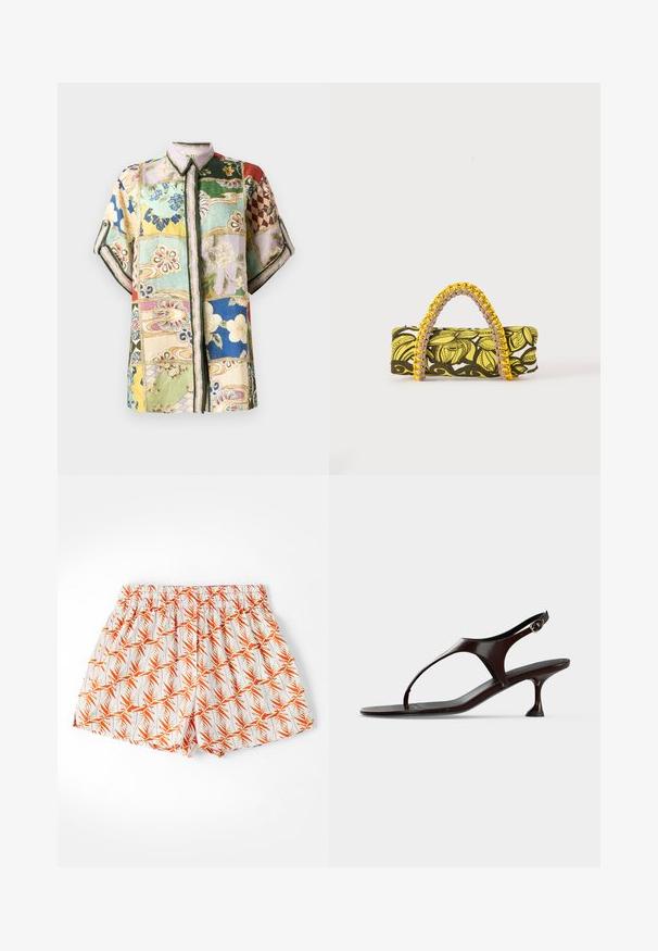 Chemise à boutons à manches courtes avec un design en patchwork comprenant plusieurs couleurs, des motifs floraux et géométriques, et un col.; Shorts blancs avec un motif de feuilles de palmier orange, taille élastique et coupe ample. Fabriqués en tissu léger, adaptés aux temps chauds.; Sandale slingback en cuir verni marron foncé avec petit talon et bride entre les orteils sur fond blanc.; Sac rectangulaire avec motif floral jaune et noir et anse tressée jaune et rose sur fond blanc.