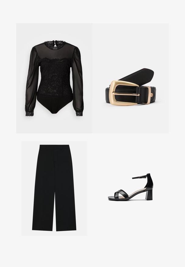 Bodysuit noir avec des manches longues transparentes. Présente un superposé en dentelle sur le devant supérieur et un col montant avec une fermeture en arrière en forme de trou de serrure.; Pantalons noirs à jambe large en tissu lisse. Dotés d'une taille plate avec passants de ceinture et sans poches visibles. Design simple.; Sandale à talon ouvert noire avec des brides croisées, une sangle de cheville ajustable et un talon épais, dotée d'une texture en cuir lisse.; Ceinture en cuir noir avec une boucle rectangulaire en or. La ceinture a une texture lisse et un subtil détail de couture le long des bords.