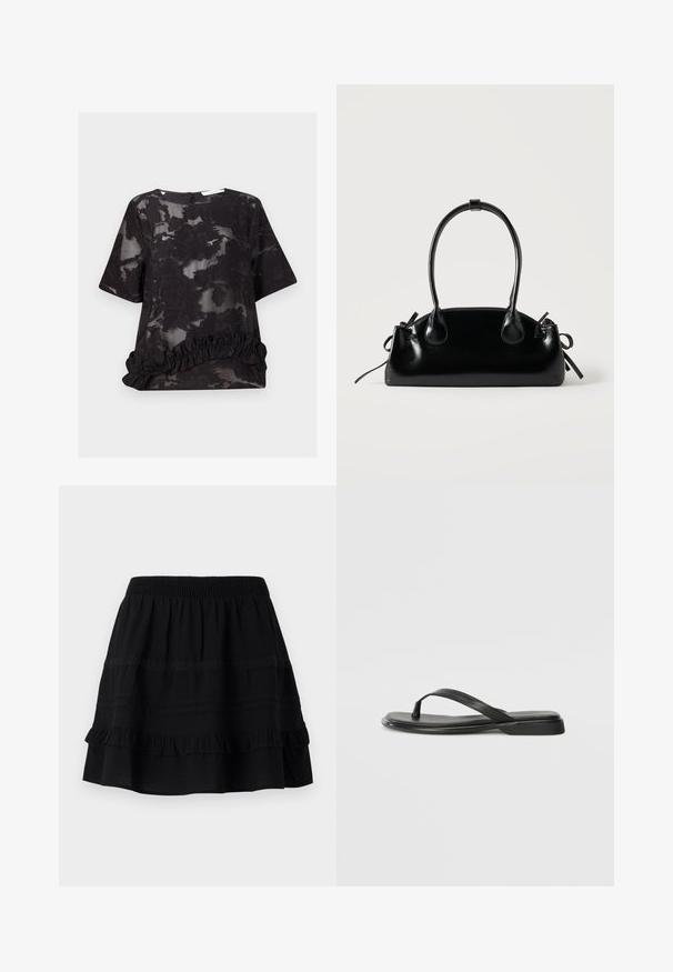 Blouse noire semi-transparente avec motif jacquard floral, manches courtes, col rond et détail à volants à l'ourlet.; Jupe en coton noir avec un design à volants superposés, dotée d'une taille élastique et d'ornements en couture contrastée et en bandes de dentelle.; Tongs noires en cuir lisse, avec un design de sangle fine et une semelle plate à profil minimal. Aucun motif ou accent notables.; Petit sac à main noir brillant avec deux longues anses et des détails à cordon sur les côtés sur un fond clair uni.