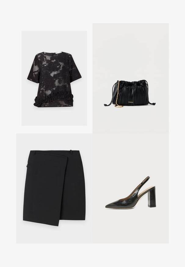 Blouse noire semi-transparente avec motif jacquard floral, manches courtes, col rond et détail à volants à l'ourlet.; Jupe portefeuille noire avec une texture lisse, dotée d'une fermeture éclair sur le côté et de deux passants de ceinture. Design simple sans motifs ni accents visibles.; Chaussure slingback en cuir noir à bout pointu avec un talon bloc haut et une doublure intérieure beige sur un fond clair uni.; Sac à main en cuir noir plissé avec cordon de serrage, bandoulière chaîne dorée et petit accent horizontal doré sur le devant.
