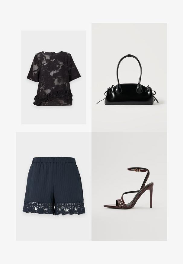 Blouse noire semi-transparente avec motif jacquard floral, manches courtes, col rond et détail à volants à l'ourlet.; Shorts femme bleu marine avec taille élastique et bordure en dentelle florale le long de l'ourlet sur un fond clair uni.; Sandale à talons hauts en cuir verni bourgogne avec une bride de cheville, bout pointu et trois bandes horizontales sur le pied. Détail de boucle dorée.; Petit sac à main noir brillant avec deux longues anses et des détails à cordon sur les côtés sur un fond clair uni.