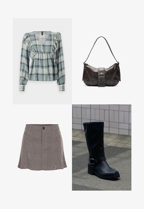 Blouse à carreaux verts avec des accents volantés le long de l'encolure et des épaules ; manches longues ; tissu léger ; présente un design à décolleté en V.; Jupe à carreaux noir et blanc, fabriquée en tissu léger, dotée d'une ceinture avec un bouton et d'un design plissé pour plus de détails.; Botte en cuir noire mi-mollet avec un petit talon bloc et une bride décorative avec boucle métallique autour de la cheville, sur un trottoir carrelé.; Sac à épaule en cuir marron avec une forme courbée, présentant un détail de boucle proéminent, des coutures contrastantes et une seule bandoulière.