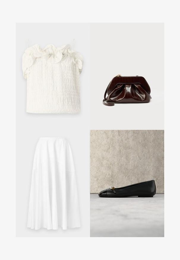 Hofmann Copenhagen EXCLUSIVE GENEVIVE - Top - off white; Dlhá biela sukňa s vysokým pásom a prúdiacim, širokým rozšíreným lemom, zobrazená na jednoduchom pozadí.; Čierna kožená balerína s lesklou čiernou špičkou, stredovým remienkom so zlatým gombíkom a hladkou textúrou.; Tmavohnedá lesklá kožená listová kabelka s plisovaným dizajnom a tenkým zápästným remienkom na bielom pozadí.