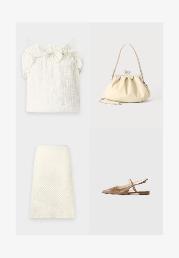 Hofmann Copenhagen EXCLUSIVE GENEVIVE - Top - off white; Krémovo textúrovaná úpletová sukňa do ceruzky s vysokým pásom a jemným vlnitým vzorom.; Hnedé kožené sandále so slingbackom a špicatou špičkou, s dvoma úzkymi popruhmi a nízkym opätkom. Hladký povrch s lesklým prevedením.; Kremová mäkká kožená kabelka so zhrnutým dizajnom, striebornou rámovou sponou, krátkou rúčkou a odnímateľným reťazovým popruhom.