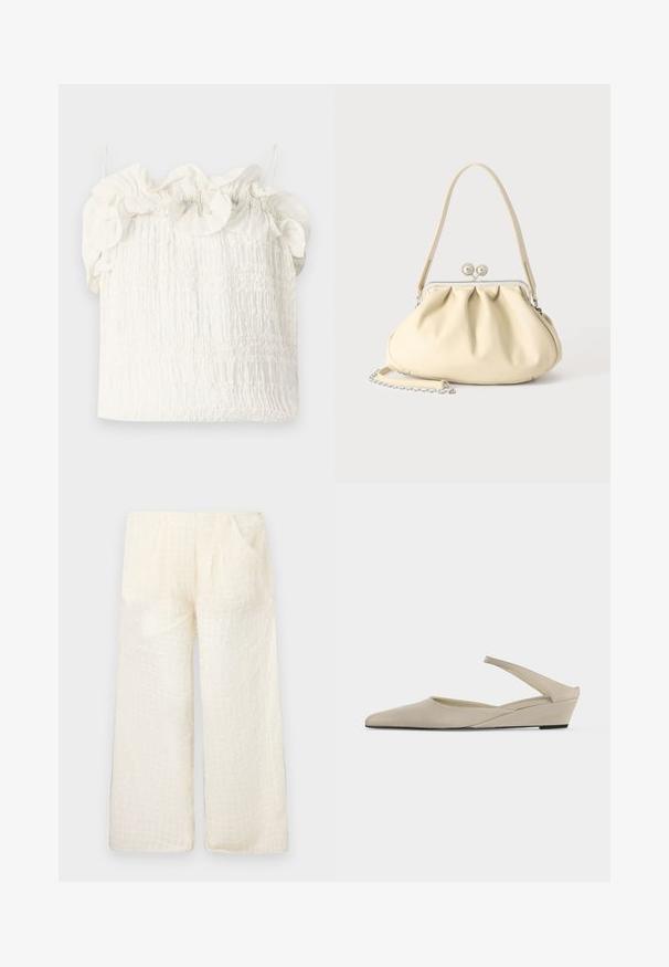 Hofmann Copenhagen EXCLUSIVE GENEVIVE - Top - off white; Ľahké, krémové nohavice s širokými nohavicami a textúrovaným mriežkovým vzorom, s dvoma bočnými vreckami, ktoré majú uvoľnený strih a mäkkú tkaninu.; Béžová nízka klinová obuv so zapínaním za pätou, špičatou špičkou a hladkým matným povrchom, zobrazená v bočnom profile na bielom pozadí.; Kremová mäkká kožená kabelka so zhrnutým dizajnom, striebornou rámovou sponou, krátkou rúčkou a odnímateľným reťazovým popruhom.