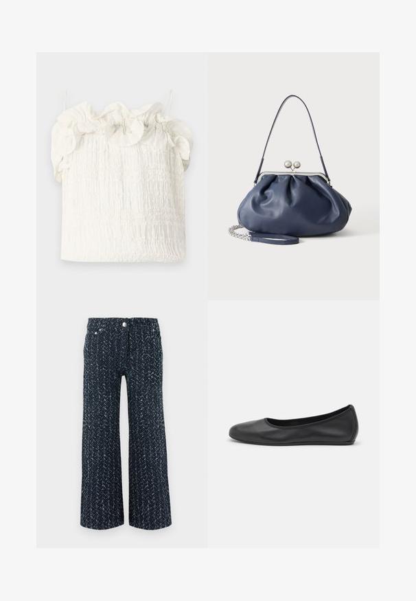 Hofmann Copenhagen EXCLUSIVE GENEVIVE - Top - off white; Marineblauwe, gestructureerde wijd uitgesneden broek met subtiele witte spikkels, voorzijde met knoopsluiting en steekzakken met metalen klinknagels.; Zwarte leren ballerina met een ronde neus, gladde textuur, minimale stikdetails en een flexibele zoolontwerp.; Zachte navyblauwe leren handtas met zilveren sluiting, enkele schouderband en afneembare ketting polsband op witte achtergrond.