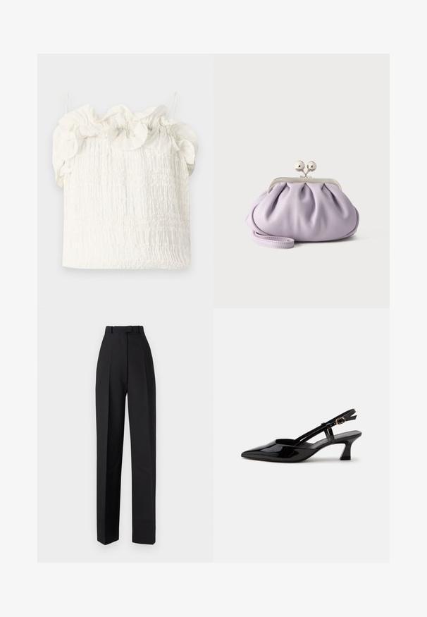 Hofmann Copenhagen EXCLUSIVE GENEVIVE - Top - off white; Zwarte high-waisted broeken met plooien, met een getailleerd ontwerp en rechte pijpen. Gemaakt van een soepele stof, minimale details.; Zwarte lakleren slingback kitten heel schoen met spitse neus en verstelbare gouden gespsluiting op een witte achtergrond.; Zachte lavendelkleurige clutch met geplooide stof, zilveren kiss-lock sluiting en bijpassend polsbandje op een effen lichte achtergrond.