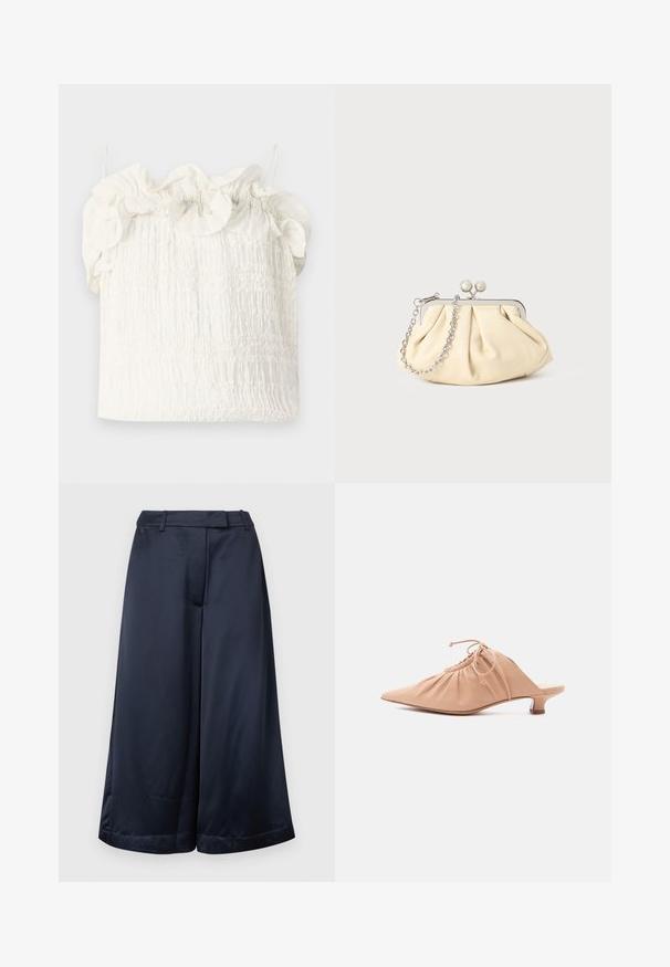 Hofmann Copenhagen EXCLUSIVE GENEVIVE - Top - off white; Modré široké nohavice s opaskovými očkami, predným zipsom a hladkým saténovým povrchom na jednoduchom svetlom pozadí.; Dámsky mule béžovej farby z kože so špicatou špičkou, zdobeným vrchom, sťahovacou šnúrkou a nízkym opätkom typu kitten na bielom pozadí.; Zhlý béžový kožený klobúk so strieborným kovovým rámom, ktorý má dve okrúhle dekoratívne zámky a strieborný reťazový popruh.