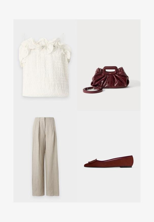 Hofmann Copenhagen EXCLUSIVE GENEVIVE - Top - off white; Beige linnen broek met hoge taille en wijde pijpen, met plooien aan de voorkant en een verborgen sluiting aan de voorkant, getoond tegen een effen achtergrond.; Platte bruine suède damesschoen met spitse neus en grote decoratieve gesp bovenop tegen een effen achtergrond.; Kleine donkerrode leren handtas met geplooide textuur, rechthoekig handvat met uitsparing en afneembare schouderriem tegen een witte achtergrond.