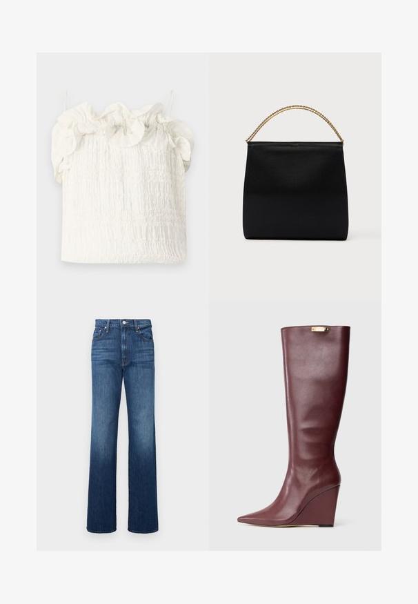Hofmann Copenhagen EXCLUSIVE GENEVIVE - Top - off white; Denim jeans i mørkeblå, med høj talje, lige ben, knaplukning og subtilt slid nær knæene.; Høj burgunder læder wedge støvle med spids tå og guld mærkeplade nær den øverste kant.; Sort taske lavet af glat stof, med en struktureret form, et håndtag med guld kæde og et minimalistisk geometrisk design.