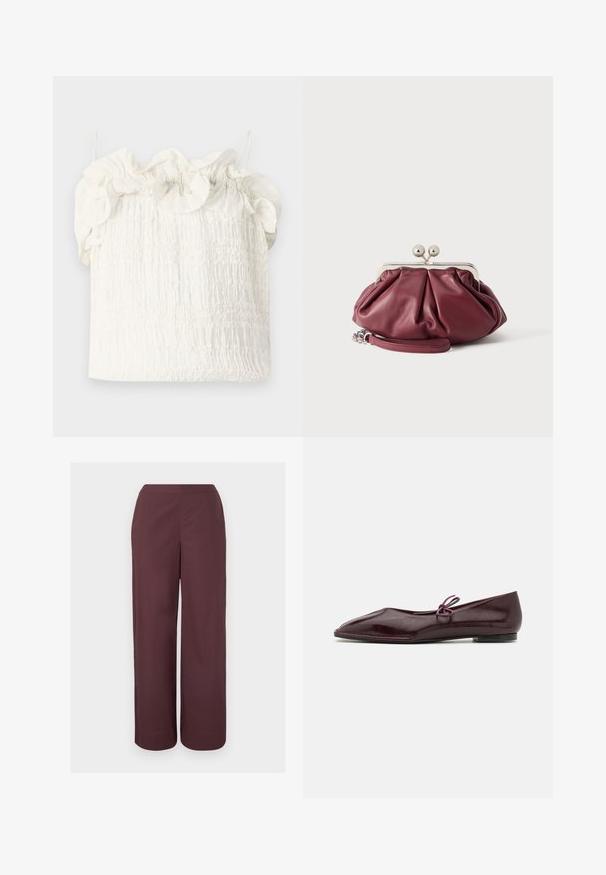 Hofmann Copenhagen EXCLUSIVE GENEVIVE - Top - off white; Bruine broek met hoge taille en wijde pijpen, met een gladde voorkant en zijzakken, weergegeven tegen een effen lichte achtergrond.; Ballerina's in bordeaux patenta leder met een spitse neus en een decoratieve paarse strik op de wreef; ontwerp met platte zool.; Kleine bordeauxrode leren clutch met zilveren metalen gesp en polsriem op een witte achtergrond.