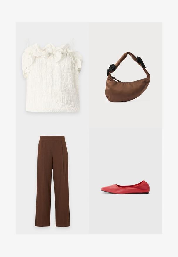 Hofmann Copenhagen EXCLUSIVE GENEVIVE - Top - off white; Bruine wijde broekspijpen met een gladde textuur, voorzien van een platte voorkant en plooien. De tailleband is elastisch voor comfort en pasvorm.; Filippa K REY FLATS - Ballerina's - bright red; Bruine handtas in halve maanvorm met een gewatteerd handvat en zwarte, getextureerde stoffen accenten aan beide zijden en een ritssluiting.