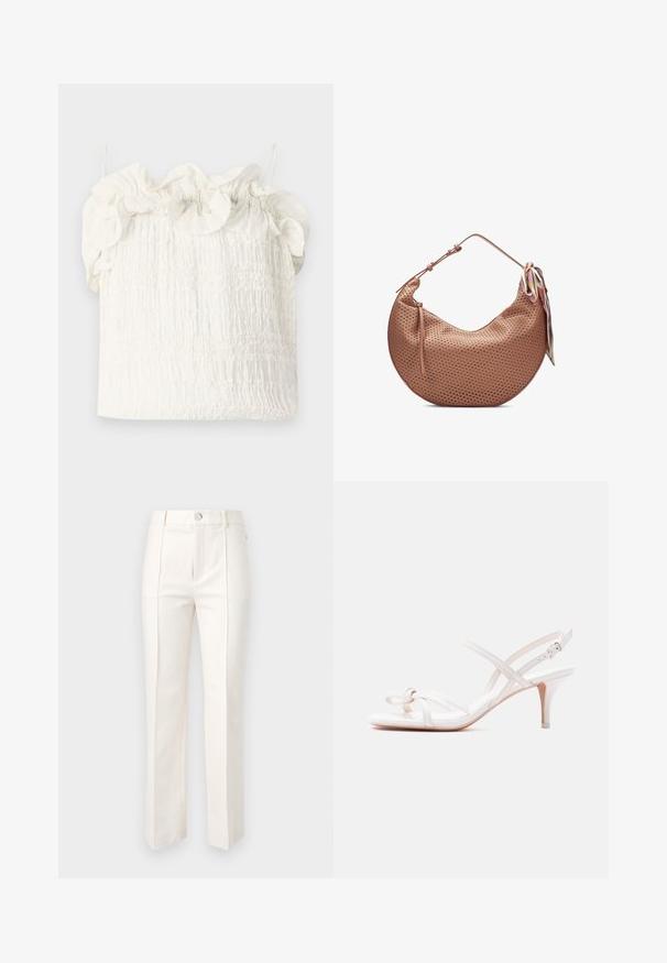 Hofmann Copenhagen EXCLUSIVE GENEVIVE - Top - off white; Biele nohavice s rovnými nohavicami z bavlneného zmesi, ktoré majú hladkú textúru, dva predné záhyby a pás s jedným gombíkom na zapínanie.; Biela sandála s pásikmi, nízky štíhly podpätok a uzlový detail na prednom pásiku, na jednoduchom svetlom pozadí.; Hnedá kožená kabelka v tvare polmesiaca s perforovaným vzorom, nastaviteľným popruhom a pruhovanou hodvábnou šatkou viazanou na rukoväti.
