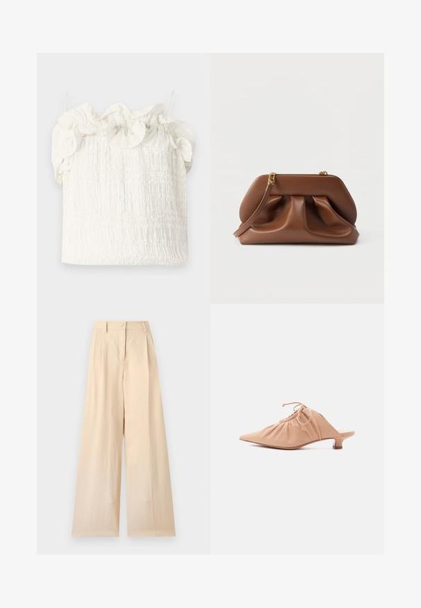 Hofmann Copenhagen EXCLUSIVE GENEVIVE - Top - off white; Béžové nohavice s vysokým pásom a širokými nohavicami s pútkami na opasok a predným zipsom na jednofarebnom svetlom pozadí.; Dámsky mule béžovej farby z kože so špicatou špičkou, zdobeným vrchom, sťahovacou šnúrkou a nízkym opätkom typu kitten na bielom pozadí.; Hnedá kožená kabelka do ruky so zhromaždeným dizajnom, zlatými kovaniami a odnímateľným remienkom na zápästie na bielom pozadí.