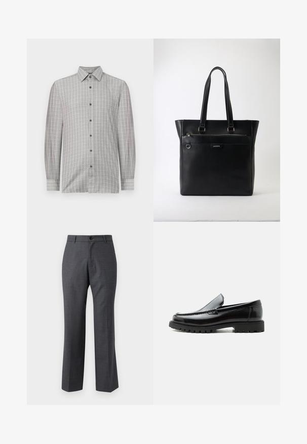 Camisa de manga larga para hombre en gris claro, con un patrón de cuadrícula y acentos oscuros, tapeta de botones y un collar clásico. Textura textil suave.; Pantalones de vestir grises a medida, hechos de una tela tejida, con un diseño de pierna recta, frente plano y un cierre de botón único.; Mocasín de cuero negro con suela de goma gruesa, empeine cosido y nombre de la marca en relieve en el talón, mostrado en perfil lateral sobre fondo blanco.; Bolso tote de piel negra texturizada con dos asas, bolsillo delantero con cremallera, anilla de metal y logo de Lacoste sobre fondo blanco.