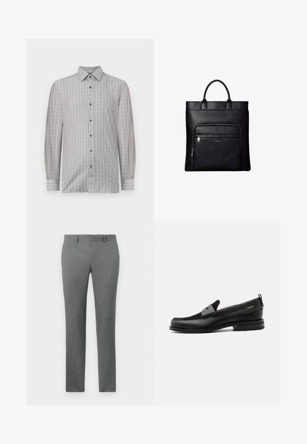Camisa de manga larga para hombre en gris claro, con un patrón de cuadrícula y acentos oscuros, tapeta de botones y un collar clásico. Textura textil suave.; Pantalones grises a medida con una textura suave, diseño de pierna recta, lazos para cinturón y un sutil patrón de espiga en toda su superficie.; Mocasín de cuero negro con detalle de tira gris, tacón bajo y suela texturizada, con la marca "HUGO" en oro en el lateral.; Bolso tote de cuero negro con asas superiores y bolsillo frontal con cremallera que muestra un pequeño logo de Calvin Klein en el bolsillo.