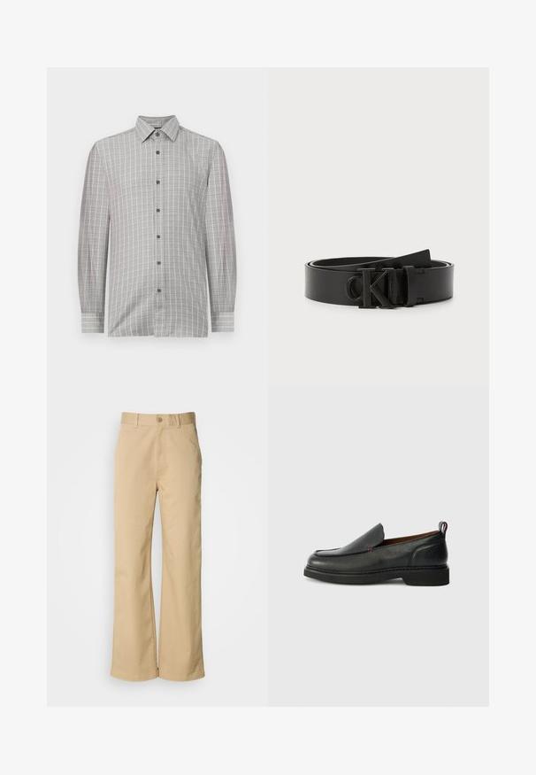 Chemise à manches longues pour hommes en gris clair, présentant un motif à carreaux avec des accents foncés, un plastron boutonné et un col classique. Texture textile lisse.; Pantalon large beige en mélange coton. Fermeture par bouton et passants de ceinture. Texture lisse, avec des détails de couture minimaux.; Chaussure slip-on en cuir noire avec un bout rond, un dessus texturé, des coutures rouges contrastantes et un petit talon. Présente une languette en boucle.; Ceinture en cuir noir avec une finition lisse, boucle ronde avec un logo 'CK' en relief, et longueur ajustable. Design simple et classique.
