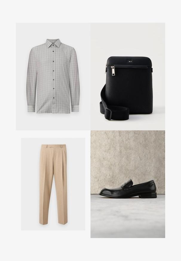 Camisa de manga larga para hombre en gris claro, con un patrón de cuadrícula y acentos oscuros, tapeta de botones y un collar clásico. Textura textil suave.; Pantalones beige a medida con pinzas delanteras, trabillas para el cinturón y perneras rectas, mostrados sobre un fondo claro y liso.; Mocasín negro de cuero con detalle metálico, mostrado suspendido sobre una alfombra beige, con una mesa redonda de color ámbar en el fondo.; Bolso bandolera negro con textura, con correa ajustable, bolsillo frontal con cremallera y logo grabado cerca de la cremallera superior.