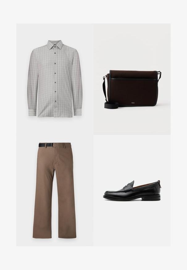 Camisa de manga larga para hombre en gris claro, con un patrón de cuadrícula y acentos oscuros, tapeta de botones y un collar clásico. Textura textil suave.; Pantalones anchos de color marrón con frente plano, pasadores para cinturón y un cinturón negro. Fabricados con tejido suave, con costuras limpias y sin patrones.; Mocasín de hombre de piel negra con costura moc toe, tira penny, cuello texturizado y tacón bajo apilado sobre fondo blanco.; Bolso mensajero de tela marrón oscuro con correa negra ajustable y pequeño logo plateado "BOSS" en la solapa frontal.