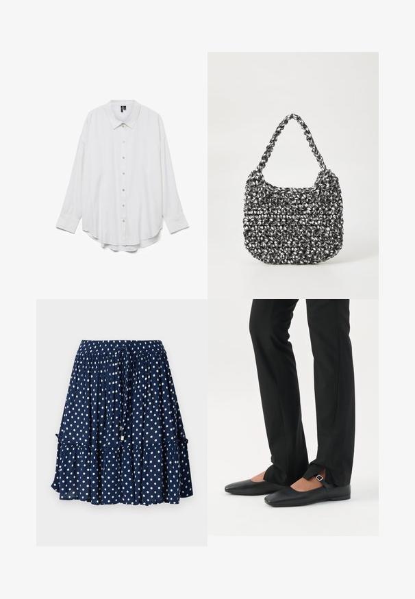 Witte blouse met lange mouwen, knopen, puntkraag en gebogen zoom, afgebeeld tegen een effen witte achtergrond.; Marineblauwe rok met witte stippen, met een ruches zoom en een elastische tailleband met een trekkoord voor een verstelbare pasvorm.; Benen met zwarte smalle broek met voorsplitten aan de zoom, gecombineerd met zwarte platte Mary Jane-schoenen met een klein gespje.; Geweven handtas in zwart en wit met een ronde vorm, gestructureerd oppervlak en een gevlochten handvat. Geschikt voor dagelijks gebruik.