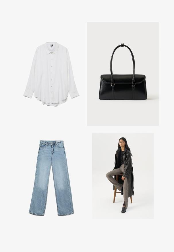 Witte blouse met lange mouwen, knopen, puntkraag en gebogen zoom, afgebeeld tegen een effen witte achtergrond.; Lichtblauwe jeans met hoge taille en wijde pijpen, met knoop- en ritssluiting, voor- en achterzakken en riemlussen.; Zwarte leren trenchcoat met knopen en riemdetails, gecombineerd met lichtbruine getailleerde broek en zwarte loafers, zittend op een houten kruk.; Zwarte leren rechthoekige handtas met klep en twee lange handvatten tegen een effen witte achtergrond.