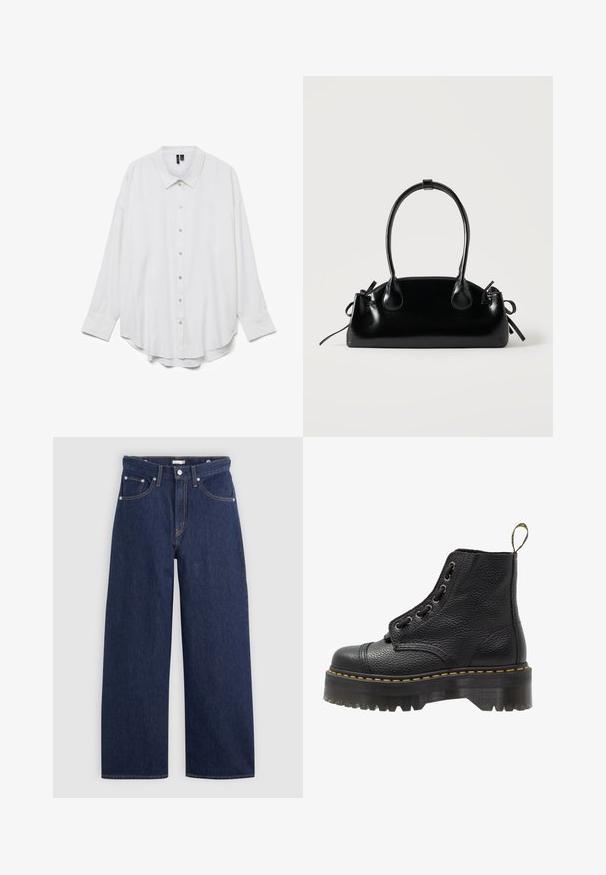 Chemise blanche à manches longues avec boutons, col pointu et ourlet arrondi, présentée sur fond blanc uni.; Jeans en denim bleu foncé à jambes larges avec une taille haute, dotés de cinq poches, passants de ceinture et détails de couture en cuivre. Texture lisse.; Bottines en cuir noir avec surface texturée, bout arrondi, lacets, coutures jaunes et une épaisse semelle noire crantée.; Petit sac à main noir brillant avec deux longues anses et des détails à cordon sur les côtés sur un fond clair uni.