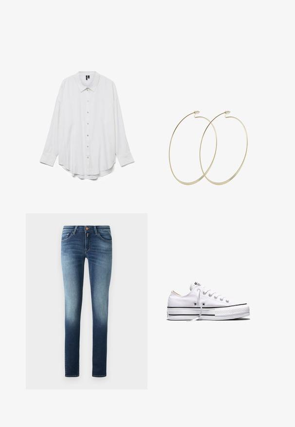 Witte blouse met lange mouwen, knopen, puntkraag en gebogen zoom, afgebeeld tegen een effen witte achtergrond.; Skinny jeans van denim met een blauwe gradient van donker naar licht. Vijfzakkenontwerp met een ritssluiting en metalen knop. Soepele textuur.; Witte lage canvas sneaker met witte veters, zwarte strepen op de zool en een rubberen, getextureerde neuskap, zijaanzicht op een witte achtergrond.; Pilgrim Oorbellen - gold-coloured