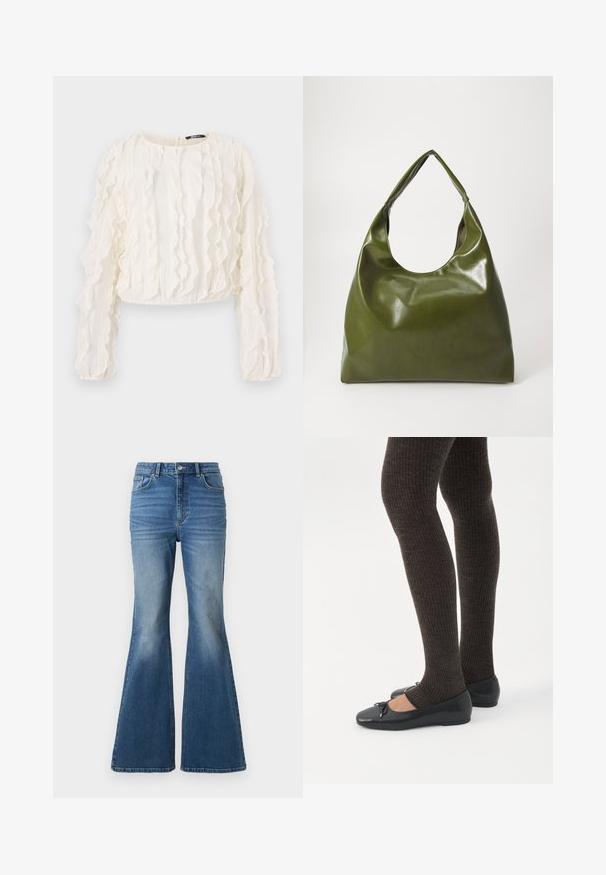 Witte cropped blouse met lange mouwen, voorzien van gestructureerde verticale strepen en ruches. Sluiting met keyhole aan de achterkant. Zachte stof.; Hoggewaisted, uitlopende blauwe spijkerbroek met een vervaagde wassing, voorzien van twee achterzakken, een knoopsluiting en gestikte details op de naden.; Benen met donkere geribbelde leggings gecombineerd met zwarte ballerina's met kleine strikdetails op een witte achtergrond.; Groene leren hobotas met een slordig ontwerp, gebogen handvat en een gladde textuur. Bevat geen zichtbare hardware of accenten.