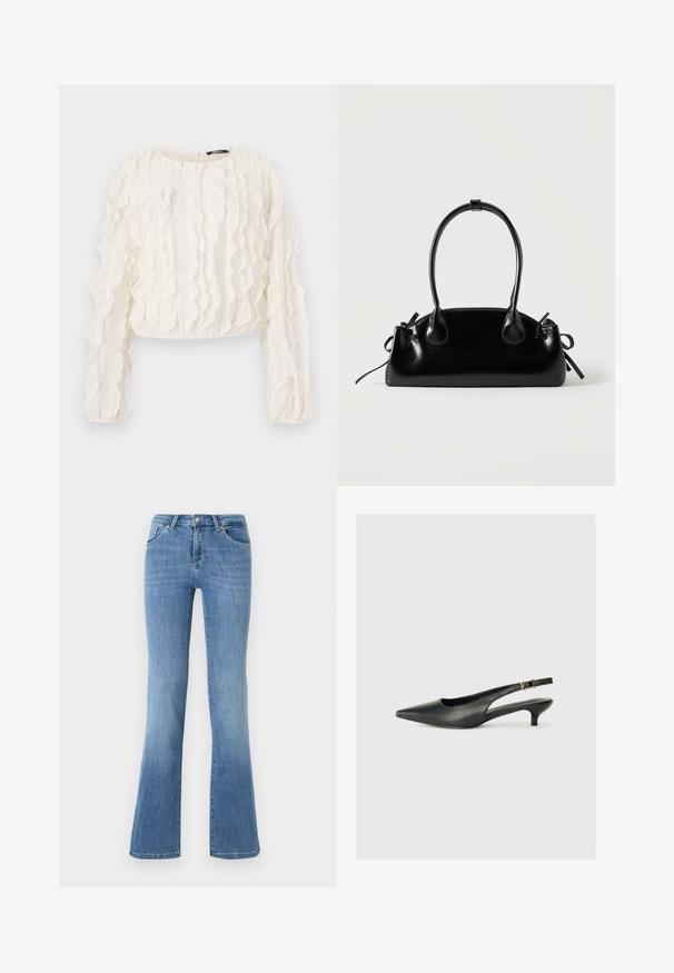 Witte cropped blouse met lange mouwen, voorzien van gestructureerde verticale strepen en ruches. Sluiting met keyhole aan de achterkant. Zachte stof.; Lichtblauwe flared jeans van denim, met vijf zakken, rits aan de voorkant en knoopsluiting. Verbleekte patroon op de bovenbenen en de zoom.; Zwarte puntschoen met slingback van soepel leer. Kenmerkt zich door een dunne hak en een gespdetail op de verstelbare band.; Kleine zwarte glanzende handtas met twee lange hengsels en zijkant trekkoord details op een effen lichte achtergrond.