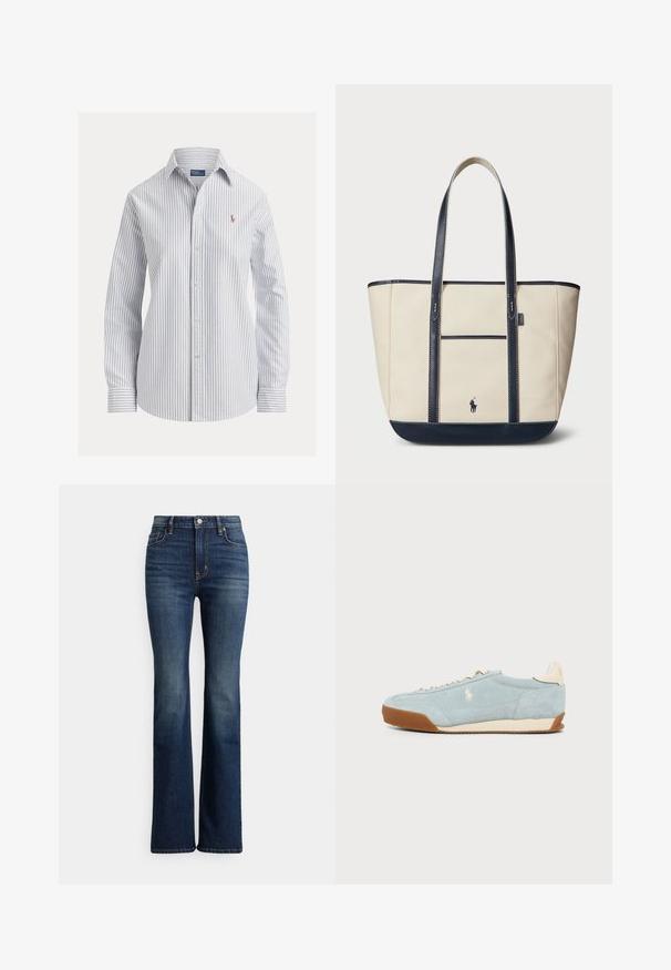 Λευκό πουκάμισο με λεπτές κάθετες μπλε ρίγες, μακριά μανίκια, μυτερό γιακά και μικρό κεντημένο λογότυπο στο στήθος.; Σκούρο μπλε τζιν ψηλόμεσο bootcut με κουμπί και τσέπες μπροστά, ελαφριά ξεθώριασμα στα μηρά και τα γόνατα, σε λευκό φόντο.; Ανοιχτό μπλε σουέτ αθλητικό παπούτσι με μπεζ λεπτομέρειες, καφέ σόλα και κεντημένο λευκό λογότυπο αλόγου στο πλάι, εμφανίζεται σε προφίλ σε απλό φόντο.; Καμβάς τσάντα ώμου σε κρέμα με ναυτικές λεπτομέρειες. Διαθέτει δύο μακριές λαβές, μια μπροστινή τσέπη και ένα μικρό λογότυπο. Ραμμένες λεπτομέρειες σε όλη την επιφάνεια.
