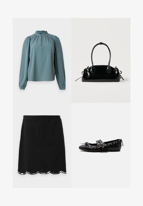 Blusa de manga larga en tela teal apagado con cuello alto con volantes y recogido sutil. Presenta un detalle de botones en el cuello.; Falda negra hasta la rodilla con un dobladillo con forma de ondas adornado con lentejuelas plateadas, tela suave y una cinturilla ajustada.; Zapato de ballet plano negro con correas de doble hebilla, ojales plateados y un pequeño lazo cerca de la puntera redondeada sobre un fondo blanco.; Pequeño bolso negro brillante con dos asas largas y detalles de cordón lateral sobre un fondo claro liso.