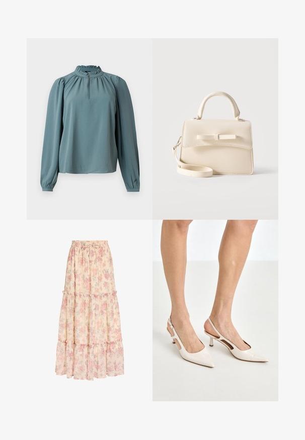Blusa de manga larga en tela teal apagado con cuello alto con volantes y recogido sutil. Presenta un detalle de botones en el cuello.; Falda larga beige con estampado floral rosa, cintura elástica con cordón y detalles de volantes en capas.; Tacones slingback de charol beige con punta afilada y un tacón de 5 cm, con lados recortados y una delgada correa en el tobillo.; Pequeño bolso beige con asa superior, correa desmontable, solapa frontal y lazo decorativo horizontal sobre un fondo liso.