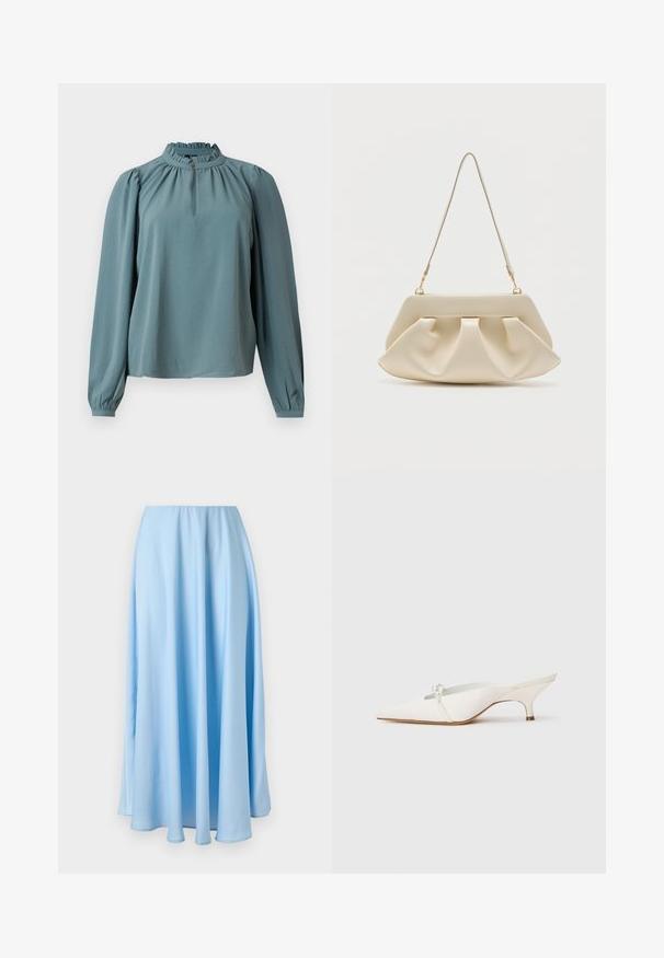 Blouse met lange mouwen in gedempte teal stof met een hoge gerimpelde halslijn en subtiele plooien. Heeft een knoopdetail bij de hals.; Lichtblauwe, tot op de vloer reikende rok met hoge taille, zachte plooien en een vloeiende, gladde stoftextuur.; Witte pointige slingback schoen met een lage hak, voorzien van een decoratieve parelaccent op de voorkant en een gladde satijnen afwerking.; Crèmekleurige zachte clutchhandtas met geplooide plooien en een dunne schouderriem met gouden beslag.