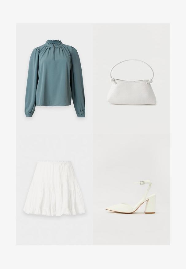 Blusa de manga larga en tela teal apagado con cuello alto con volantes y recogido sutil. Presenta un detalle de botones en el cuello.; Falda blanca de capas con cinturilla elástica y borde con volantes, confeccionada en tela ligera.; Sandalia blanca de tacón con puntera afilada, correa ajustable en el tobillo y un tacón cuadrado grueso. Textura lisa con detalles de costura mínimos.; Bolso de mano de cuero blanco tejido con asa redondeada y extremos de la correa anudados, exhibido sobre un fondo liso.