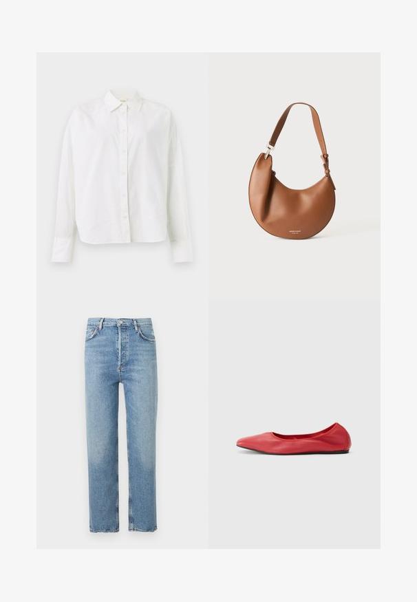 Chemise blanche à manches longues à boutons avec col pointu et poignets, présentée sur un fond blanc uni.; Jean bleu clair taille haute à jambes droites, avec fermeture sur le devant par bouton et zip, poches avant et arrière, et passants de ceinture.; Filippa K REY FLATS - Ballerines - bright red; Sac d'épaule en cuir marron en forme de croissant avec une bandoulière réglable et un petit texte logo argenté en bas au centre.