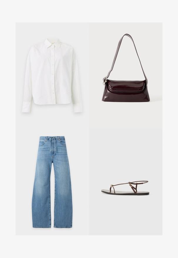 Chemise blanche à manches longues à boutons avec col pointu et poignets, présentée sur un fond blanc uni.; Jean en denim bleu clair à coupe large avec une taille à cordon et des poches avant sur fond blanc uni.; Sandale en cuir marron avec des fines lanières, un accent circulaire doré et une semelle plate. Design minimaliste avec un détail de boucle réglable.; Sac à bandoulière en cuir bordeaux foncé avec fermeture à rabat et une fine sangle réglable, présenté sur un fond clair uni.